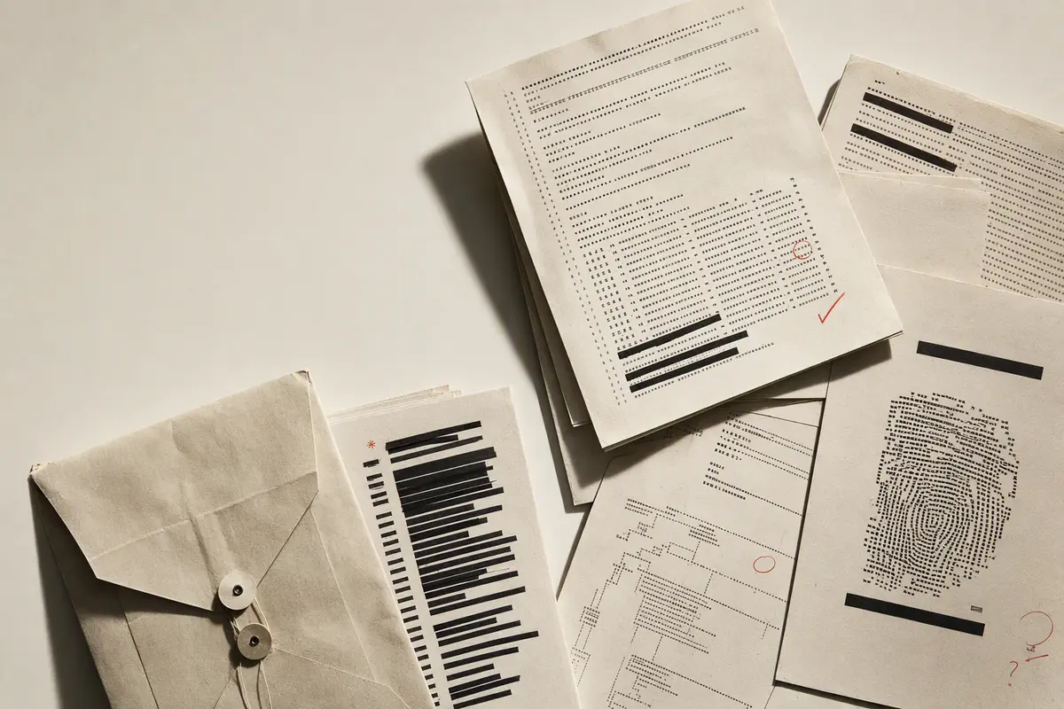 An editorial arrangement of diagnostic papers with black privacy redactions and a closed archive envelope